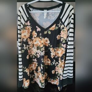 Vanilla Bay Black Floral and Striped Long Sleeve Top